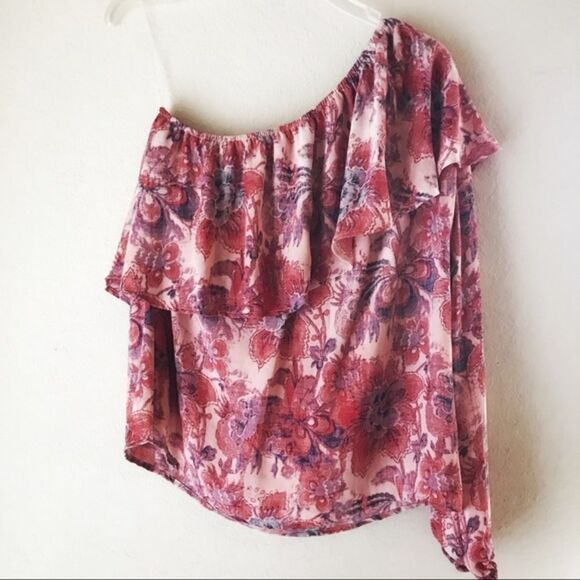 Belle & Sky One Shoulder Bohemian Floral Blouse Ruffle Size Medium Casual Top - Picture 1 of 8